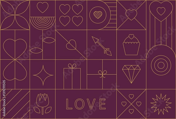 Obraz Modern Valentine's day geometric background with simple line elements. Creative abstract bauhaus design. Vector illustration