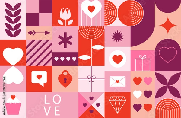 Obraz Bauhaus Valentine's day geometric seamless pattern with simple shapes and icons in flat minimalist style. Modern vector ornament for print, banner, card, fabric, cover, wrapping paper, wallpaper