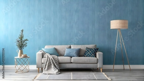 Fototapeta simple plain mauve wallpaper with sofa and one decoration piece
