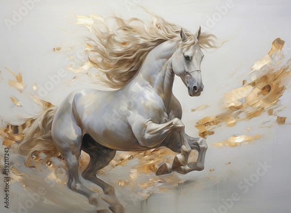 Fototapeta Abstract painting of a unicorn horse with a flowing long mane. The horse gently nudges a banner. Ash pink and white tones on a cocoa background with gold accents	