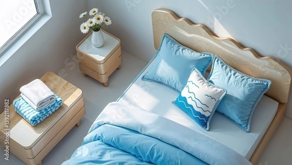 Fototapeta Generative AI,Pastel sky themed bedroom with soft sunlight