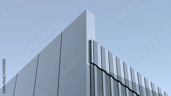 Fototapeta Modern building design, minimalism, fortress architecture on the horizon of the sky, metal with reflection, structure, industrial, wallpaper. 3D render