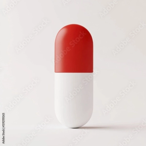 Fototapeta Red and white capsule pill icon on neutral background emphasizing pharmaceutical design elements and health themes