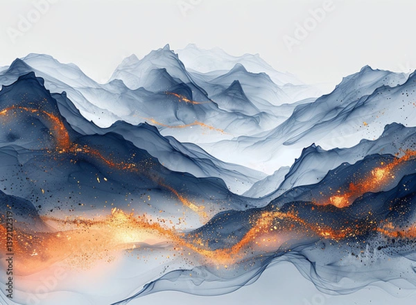 Fototapeta Ink wash painting with mountains in fog. Panoramic landscape in traditional oriental ink painting sumi-e, u-sin, go-hua on rice paper background. Translation of hieroglyph - eternity	