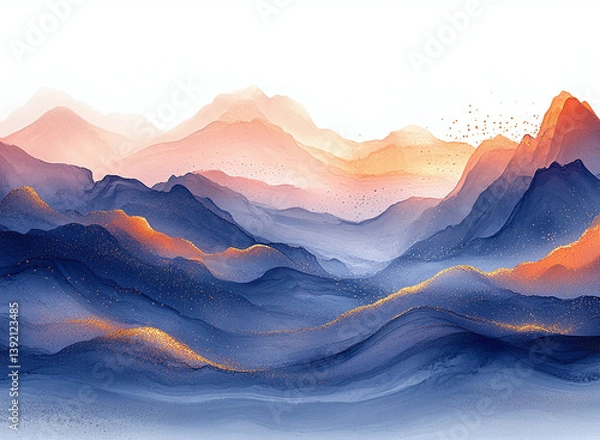 Fototapeta Ink wash painting with mountains in fog. Panoramic landscape in traditional oriental ink painting sumi-e, u-sin, go-hua on rice paper background. Translation of hieroglyph - eternity	