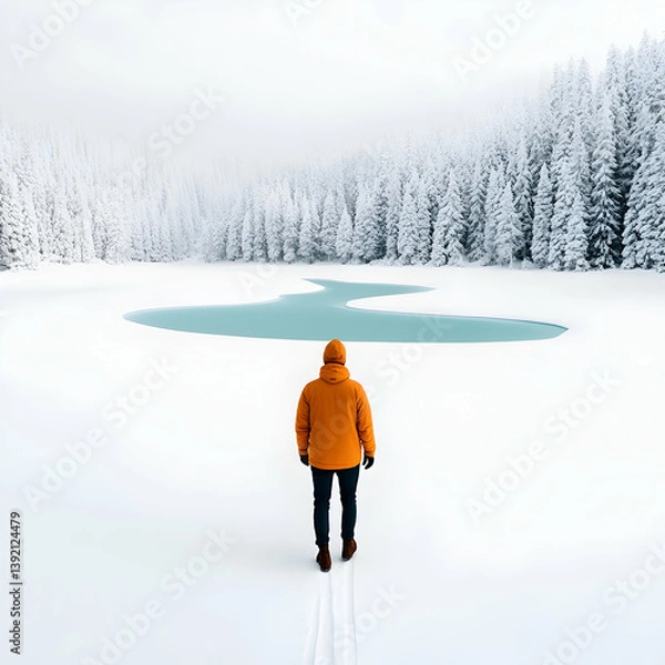 Fototapeta Man in Orange Jacket Walking Through Snowy Landscape with Frozen Lake