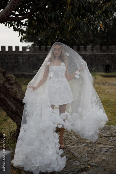 Obraz An Elegant Bride with a Unique Veil Gracing an Outdoor Setting on Her Special Day