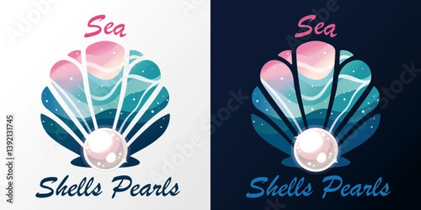 Fototapeta Ocean or sea shell logo, filled with waves with a snow-white pearl