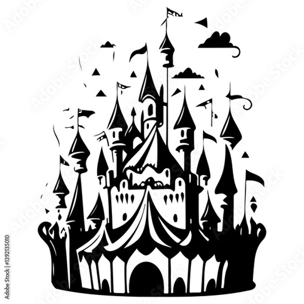Fototapeta Fantastical stylized castle with fluttering flags and whimsical design elements