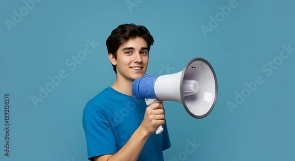 Obraz Announcing A Message A Young Man With A Megaphone Making His Voice Heard Blue Hues And Bold Statements AI Generated