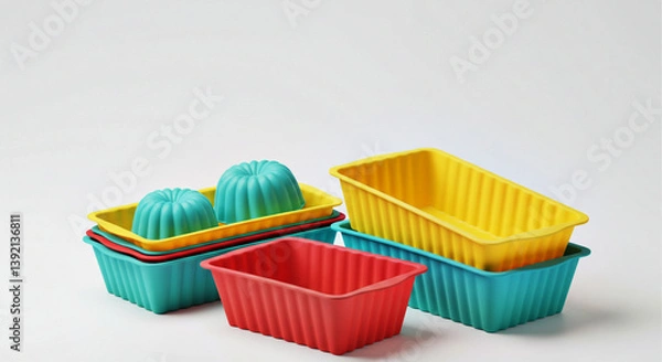 Fototapeta Stack of Vibrant Fluted Silicone Baking Molds and Individual Molds