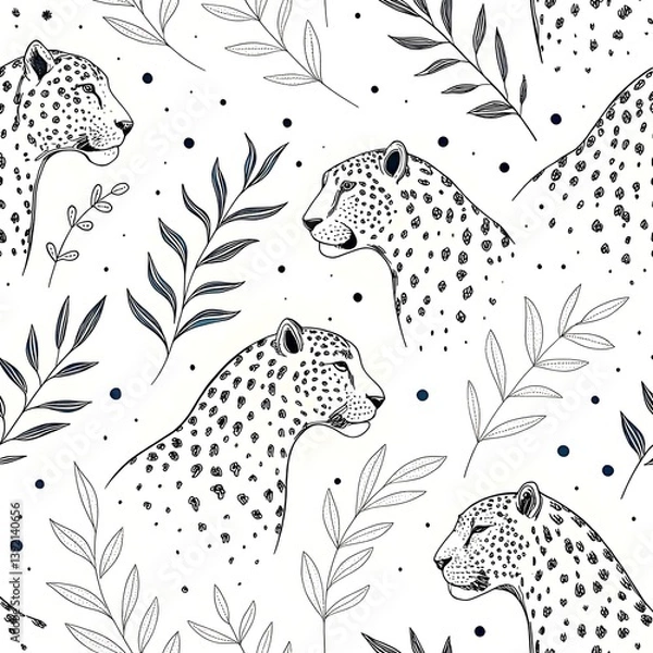 Fototapeta Elegant Cheetah Heads Seamless Pattern Botanical White Background art big cat line wild black decor 