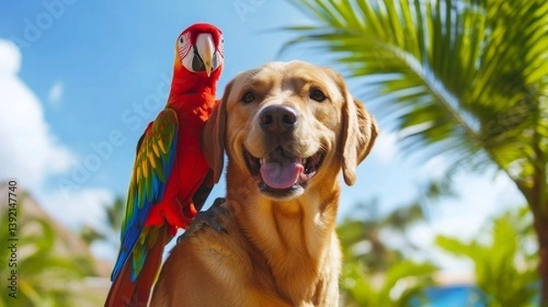 Obraz Parrot and Dog Friendship in Tropical Paradise