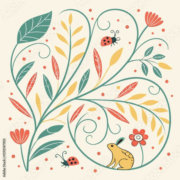 Fototapeta Illustration of a rabbit with plants and ladybugs around