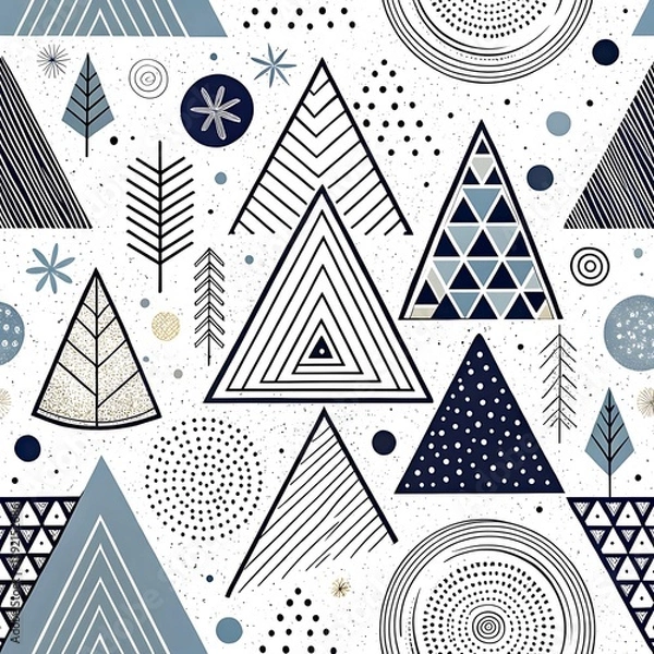 Fototapeta Abstract Geometric Winter Seamless Pattern Design Blue art grey tree white black lines    