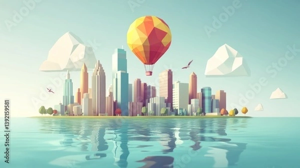 Obraz Low-poly city skyline with hot air balloon, tranquil scene