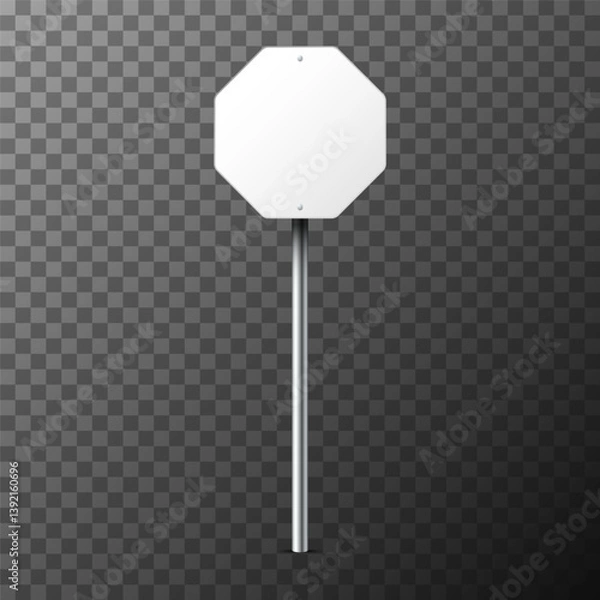 Fototapeta Realistic white hexagonal traffic sign on metal pole on transparent background. Blank highway board with place for text or information. Directional wayfinder, signpost symbol. Vector illustration