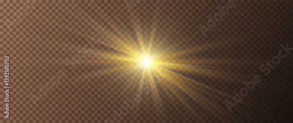 Fototapeta Glowing yellow star light on transparent background. Realistic starburst lighting. Rays of light and glare. Abstract yellow and orange light effect. Spark star. Vector illustration