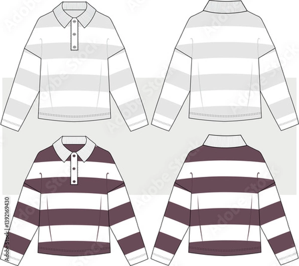 Obraz Men's oversize striped sweatshirt technical drawing. rugby stripes, long  sleeves, polo collar technical illustration, vector. front and back view. CAD mockup.