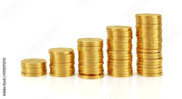 Fototapeta Stacks of Golden Coins Showing Growth and Investment on White Background
