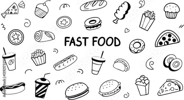 Fototapeta HandDrawn Fast Food Icons Burgers, Pizza, Fries, and More