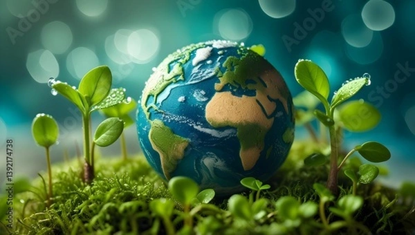 Fototapeta The scene is bathed in soft, ethereal light with a dreamy, bokeh-style background in shades of teal and blue, creating a sense of tranquility and environmental harmony.