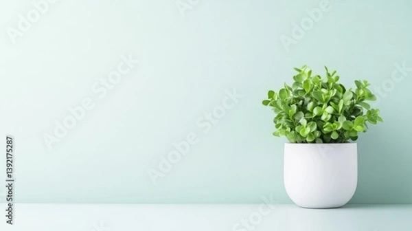Fototapeta A potted green plant sitting on a minimalist shelf against a soft pastel green wall, modern interior design concept, and serene and calm atmosphere.