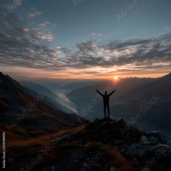 Obraz man on top of the mountain reaching his objective	