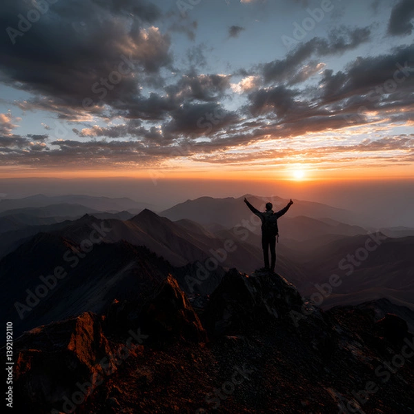 Obraz man on top of the mountain reaching his objective	