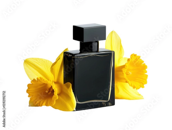 Fototapeta Elegant perfume bottle with yellow daffodils for spring decor, cut out