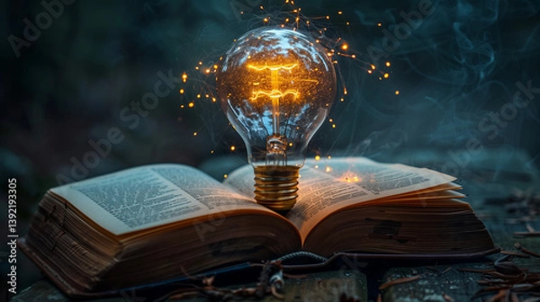 Fototapeta An incandescent lightbulb. A book, displaying a brain  gaining knowledge, understanding and creativity.