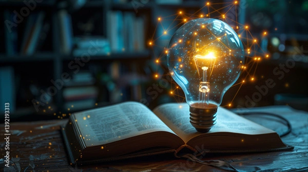 Fototapeta An incandescent lightbulb. A book, displaying a brain  gaining knowledge, understanding and creativity.
