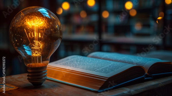 Fototapeta An incandescent lightbulb. A book, displaying a brain  gaining knowledge, understanding and creativity.