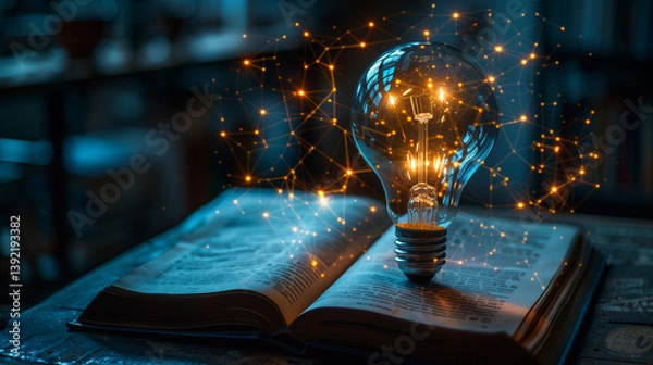 Fototapeta An incandescent lightbulb. A book, displaying a brain  gaining knowledge, understanding and creativity.