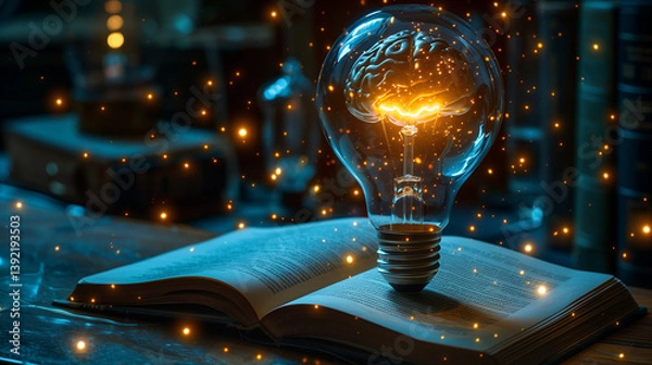 Fototapeta An incandescent lightbulb. A book, displaying a brain  gaining knowledge, understanding and creativity.