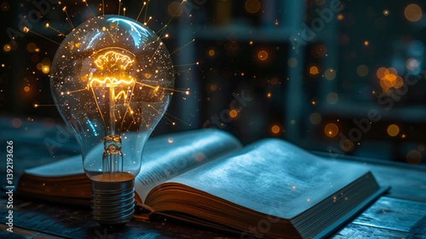 Fototapeta An incandescent lightbulb. A book, displaying a brain  gaining knowledge, understanding and creativity.