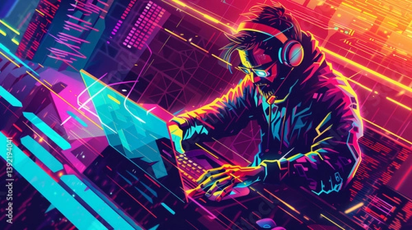 Fototapeta A masterful hacker manipulating the digital landscape with skill and precision on a sleek and dynamic laptop