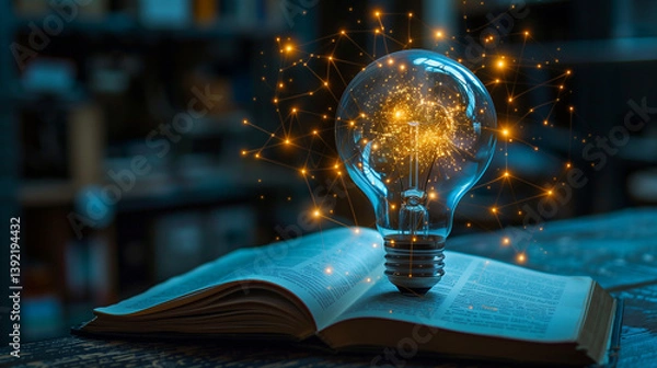 Fototapeta An incandescent lightbulb. A book, displaying a brain  gaining knowledge, understanding and creativity.