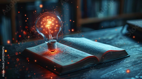 Fototapeta An incandescent lightbulb. A book, displaying a brain  gaining knowledge, understanding and creativity.