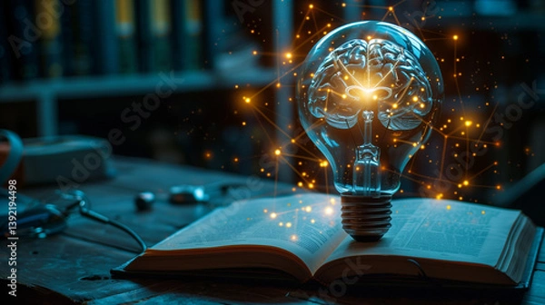 Fototapeta An incandescent lightbulb. A book, displaying a brain  gaining knowledge, understanding and creativity.