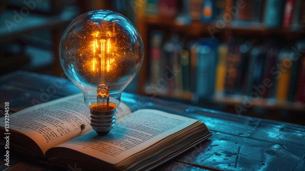 Fototapeta An incandescent lightbulb. A book, displaying a brain  gaining knowledge, understanding and creativity.