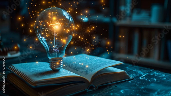 Fototapeta An incandescent lightbulb. A book, displaying a brain  gaining knowledge, understanding and creativity.