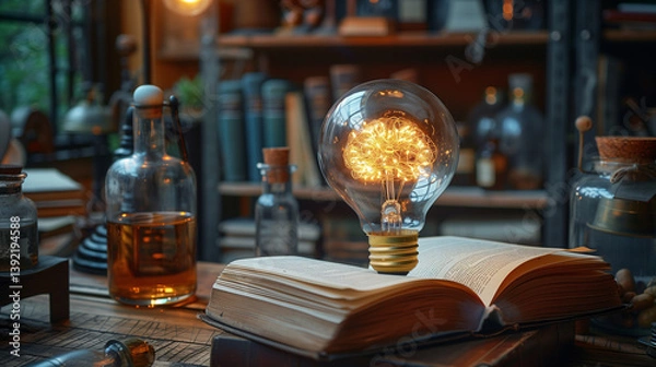 Fototapeta An incandescent lightbulb. A book, displaying a brain  gaining knowledge, understanding and creativity.
