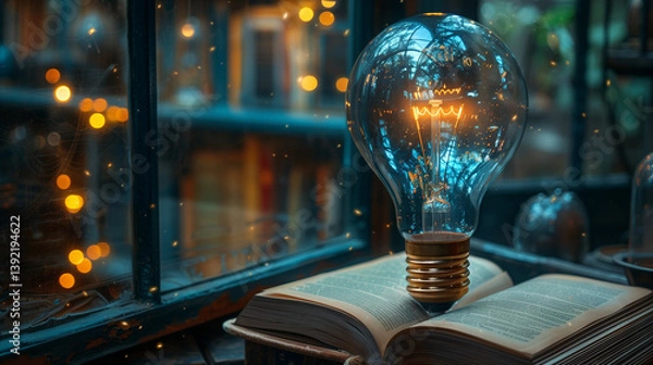 Fototapeta An incandescent lightbulb. A book, displaying a brain  gaining knowledge, understanding and creativity.