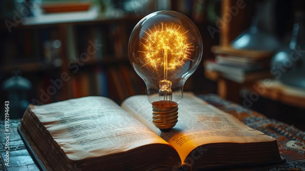 Fototapeta An incandescent lightbulb. A book, displaying a brain  gaining knowledge, understanding and creativity.