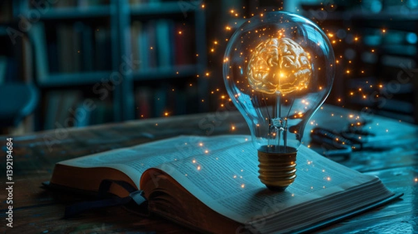 Fototapeta An incandescent lightbulb. A book, displaying a brain  gaining knowledge, understanding and creativity.