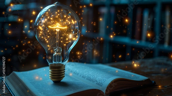 Fototapeta An incandescent lightbulb. A book, displaying a brain  gaining knowledge, understanding and creativity.