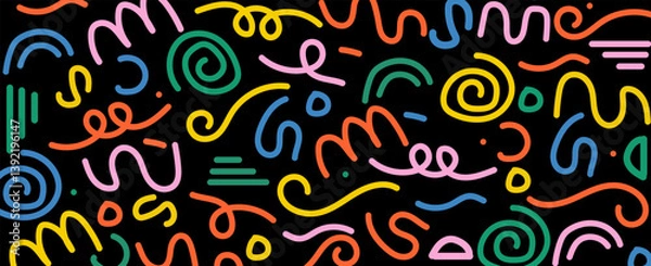 Obraz Memphis seamless geometric pattern. Multicolored abstract background in retro style of the 80s, 90s with various shapes: circles, dots, zigzags, spirals, wavy lines. eps 10