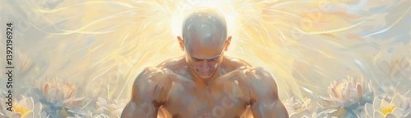 Obraz Man experiencing enlightenment with golden light emanating from his head