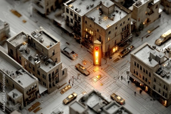 Fototapeta Abstract urban scene with intricate buildings and illuminated intersection.